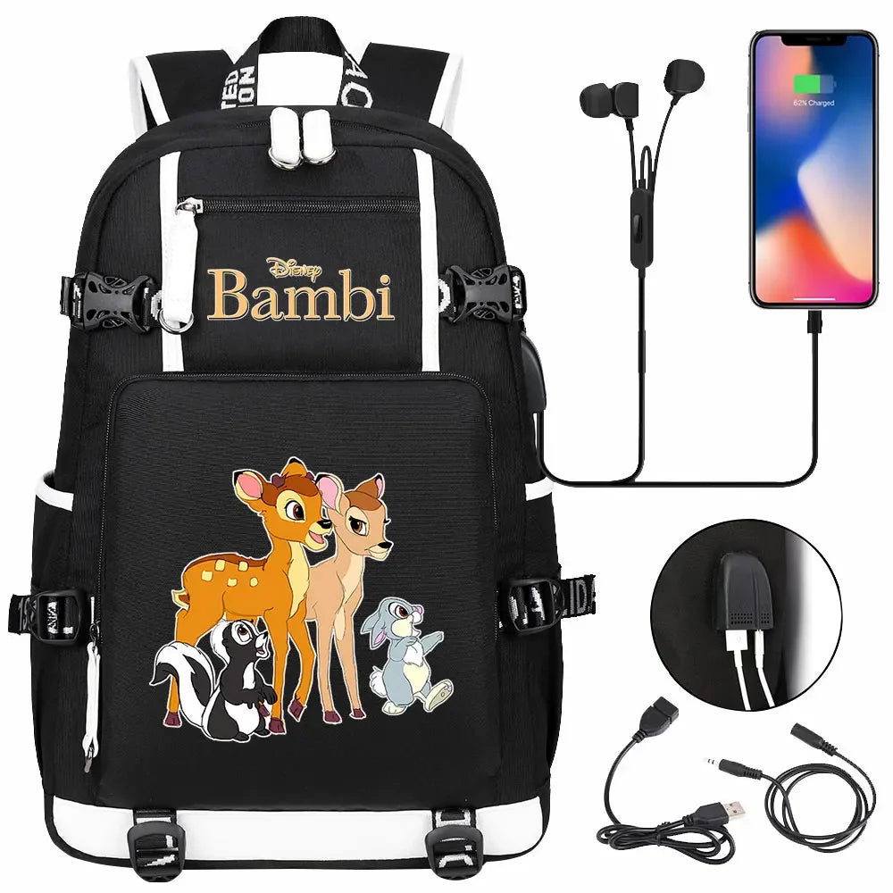 Bambi USB Teenagers Schoolbags Women Men Laptop Travel Backpack Girl Boys Kids School Book Bags