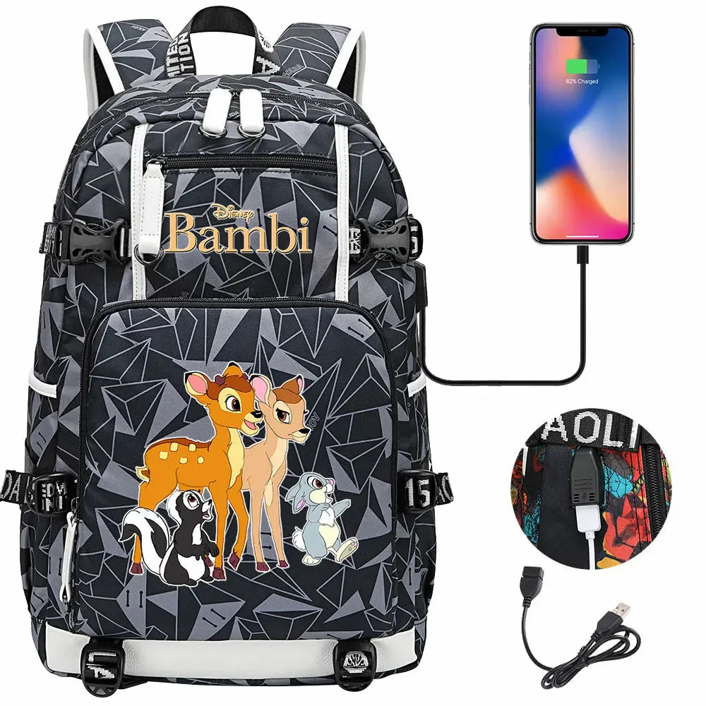 Bambi USB Teenagers Schoolbags Women Men Laptop Travel Backpack Girl Boys Kids School Book Bags