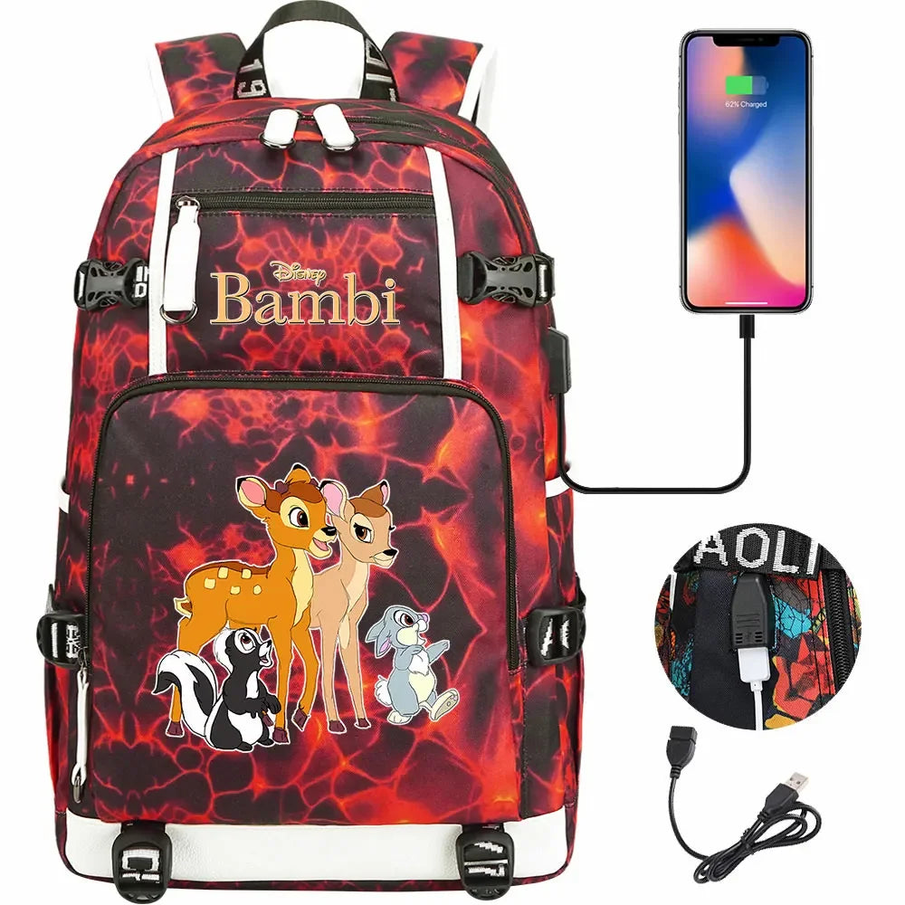 Bambi USB Teenagers Schoolbags Women Men Laptop Travel Backpack Girl Boys Kids School Book Bags