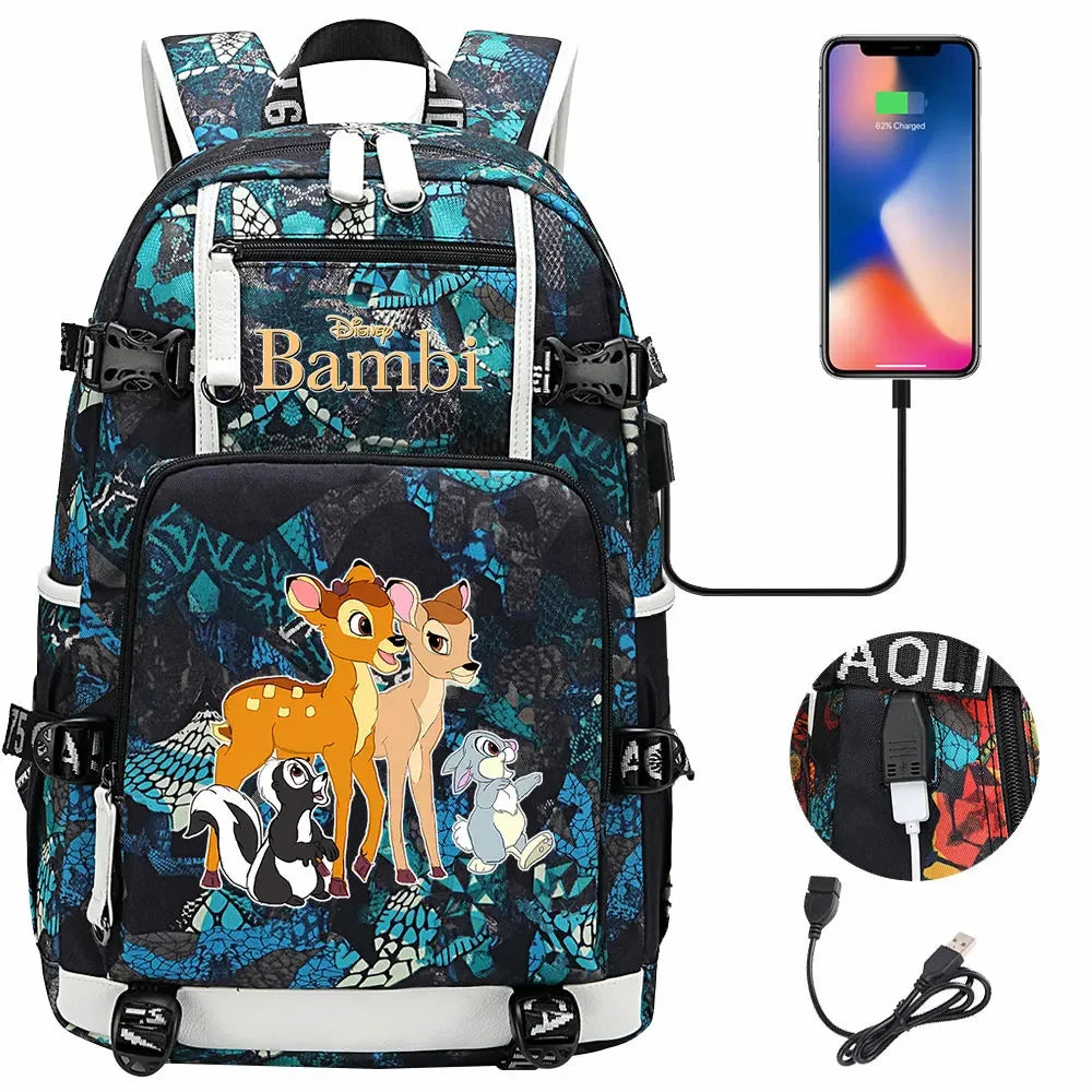 Bambi USB Teenagers Schoolbags Women Men Laptop Travel Backpack Girl Boys Kids School Book Bags