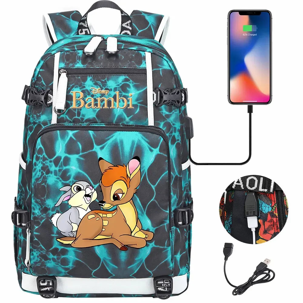 Bambi USB Teenagers Schoolbags Women Men Laptop Travel Backpack Girl Boys Kids School Book Bags