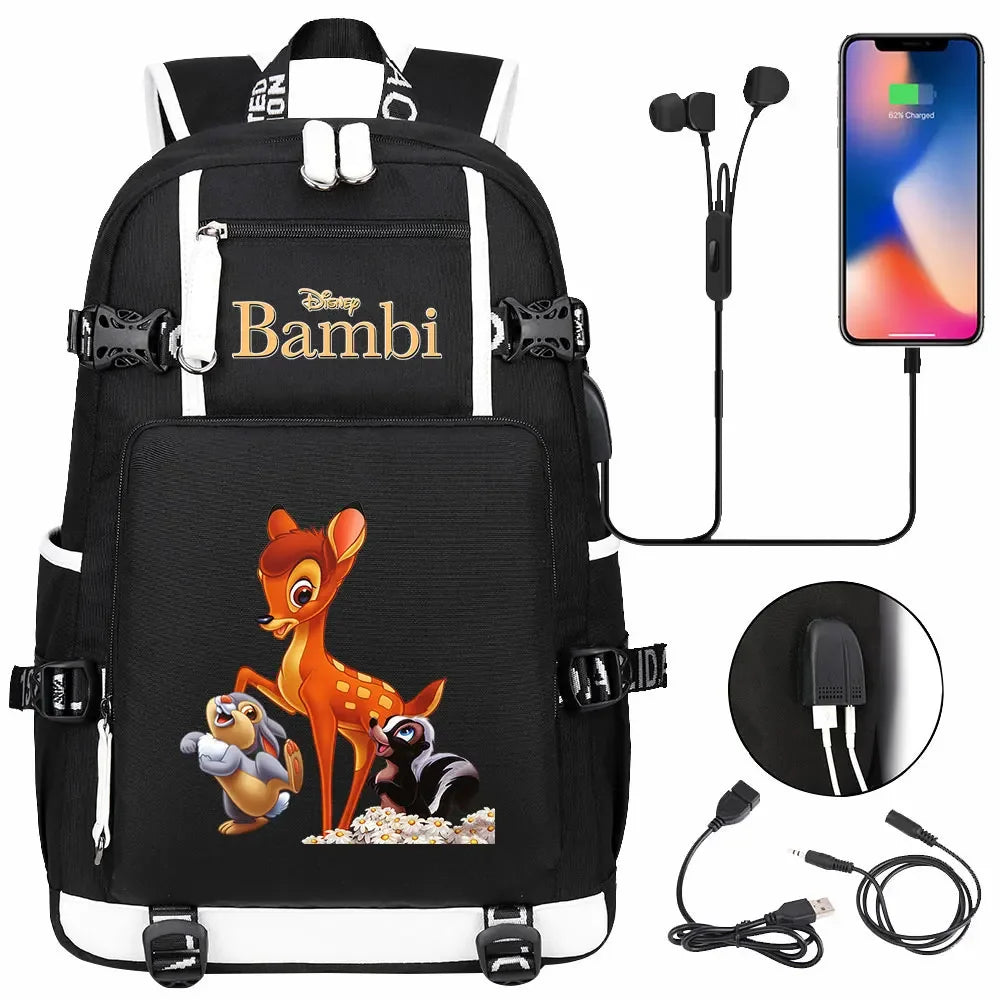 Bambi USB Teenagers Schoolbags Women Men Laptop Travel Backpack Girl Boys Kids School Book Bags