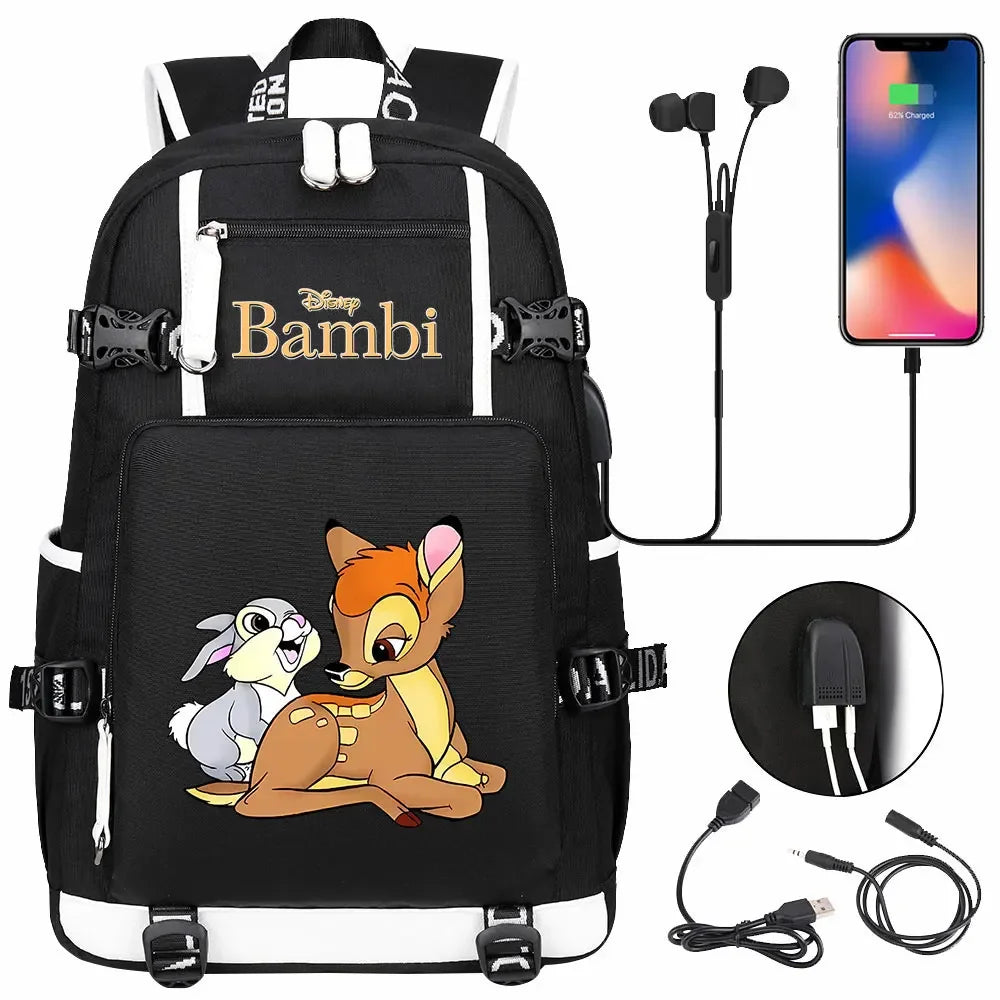 Bambi USB Teenagers Schoolbags Women Men Laptop Travel Backpack Girl Boys Kids School Book Bags