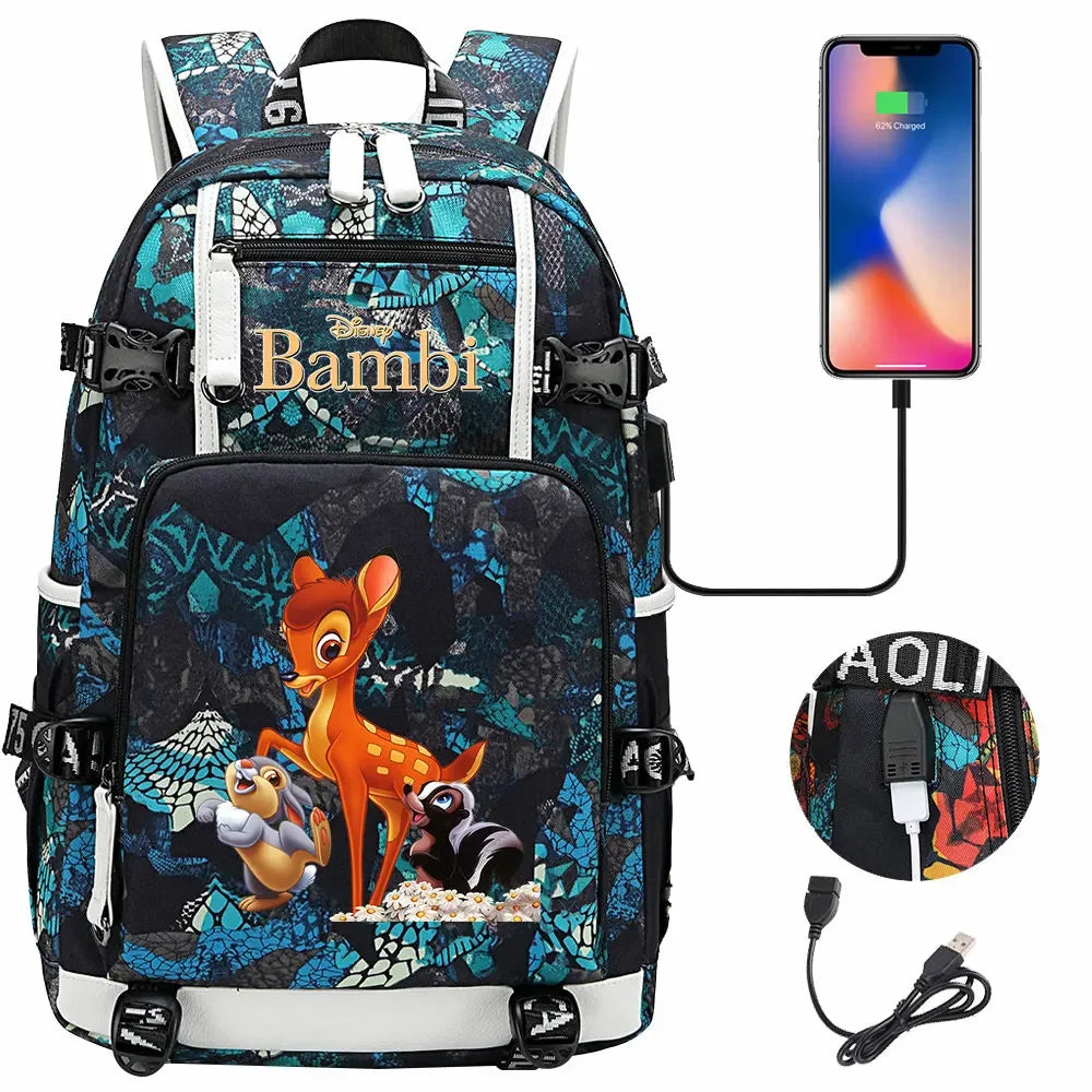 Bambi USB Teenagers Schoolbags Women Men Laptop Travel Backpack Girl Boys Kids School Book Bags