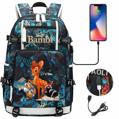 Bambi USB Teenagers Schoolbags Women Men Laptop Travel Backpack Girl Boys Kids School Book Bags