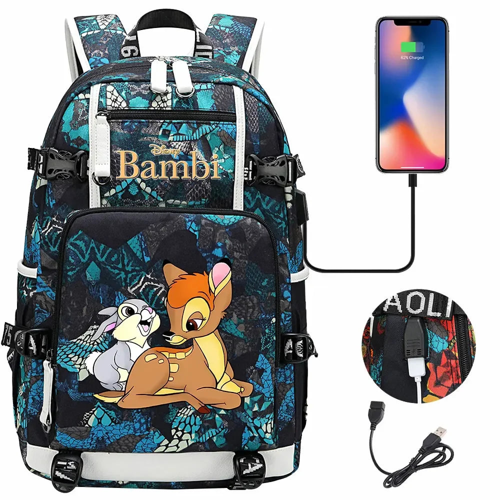 Bambi USB Teenagers Schoolbags Women Men Laptop Travel Backpack Girl Boys Kids School Book Bags