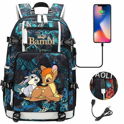Bambi USB Teenagers Schoolbags Women Men Laptop Travel Backpack Girl Boys Kids School Book Bags