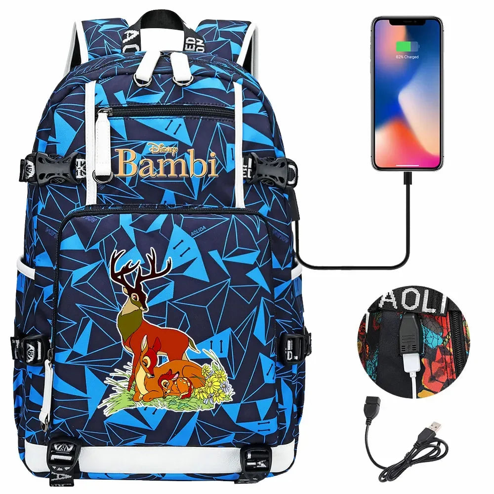 Bambi USB Teenagers Schoolbags Women Men Laptop Travel Backpack Girl Boys Kids School Book Bags