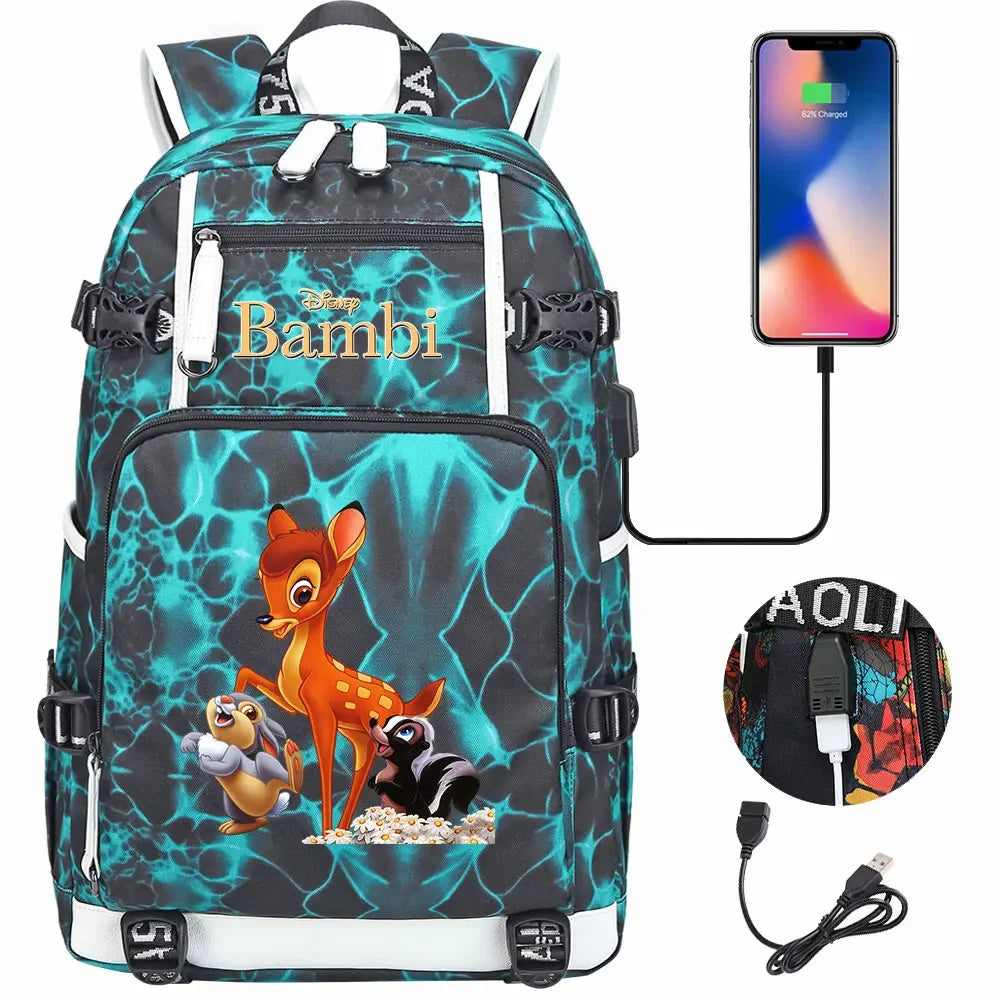 Bambi USB Teenagers Schoolbags Women Men Laptop Travel Backpack Girl Boys Kids School Book Bags
