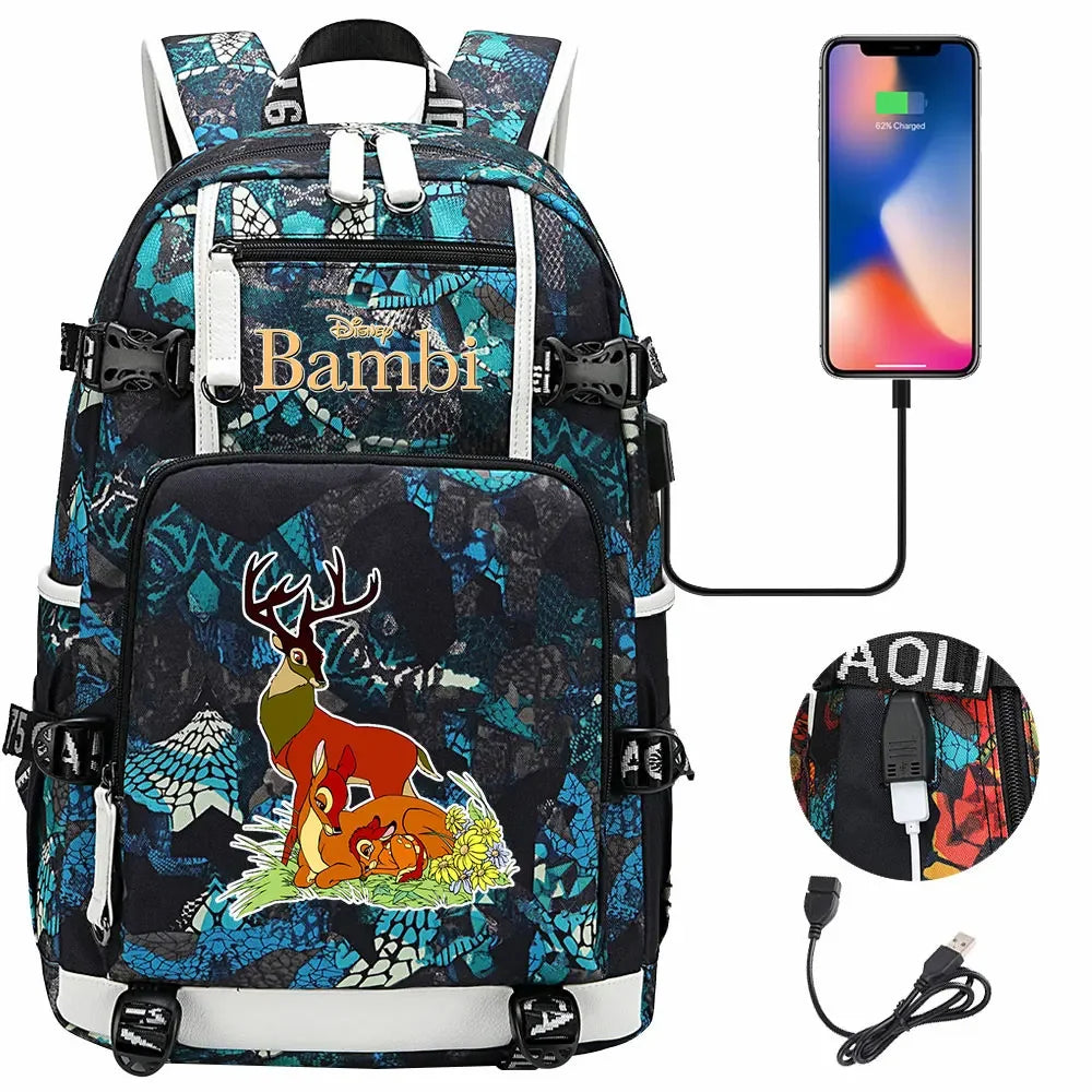 Bambi USB Teenagers Schoolbags Women Men Laptop Travel Backpack Girl Boys Kids School Book Bags
