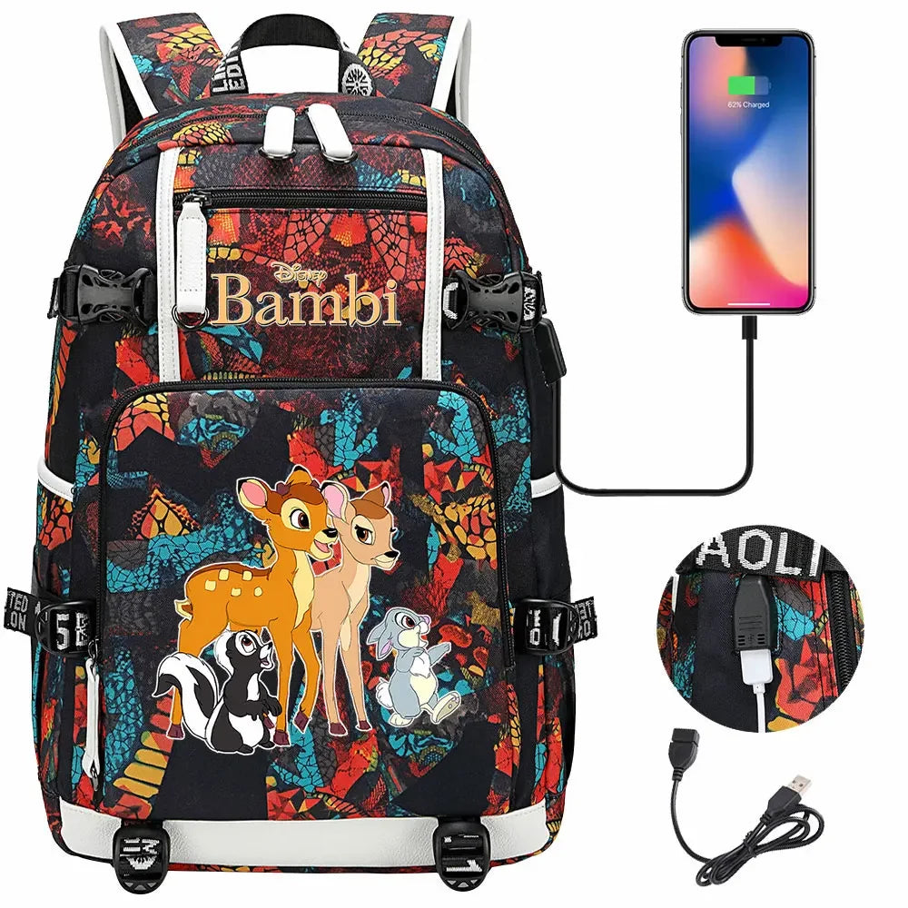 Bambi USB Teenagers Schoolbags Women Men Laptop Travel Backpack Girl Boys Kids School Book Bags