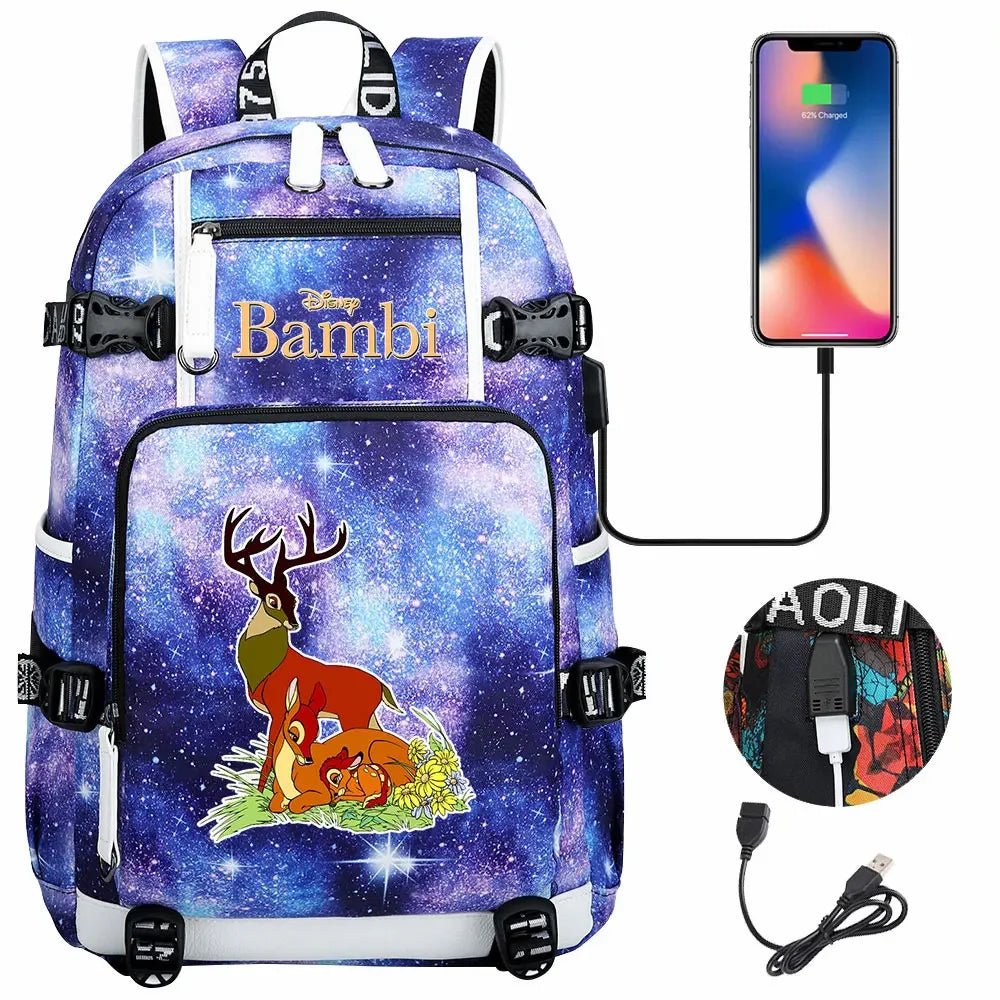 Bambi USB Teenagers Schoolbags Women Men Laptop Travel Backpack Girl Boys Kids School Book Bags