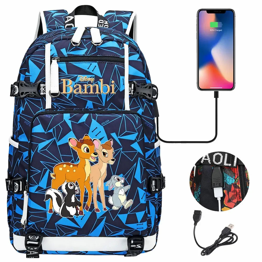 Bambi USB Teenagers Schoolbags Women Men Laptop Travel Backpack Girl Boys Kids School Book Bags