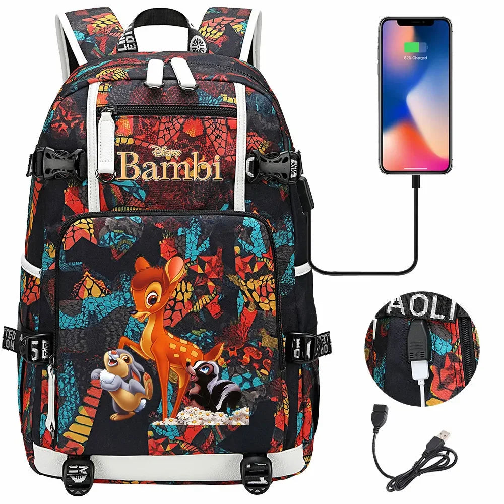 Bambi USB Teenagers Schoolbags Women Men Laptop Travel Backpack Girl Boys Kids School Book Bags