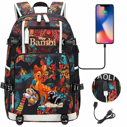 Bambi USB Teenagers Schoolbags Women Men Laptop Travel Backpack Girl Boys Kids School Book Bags
