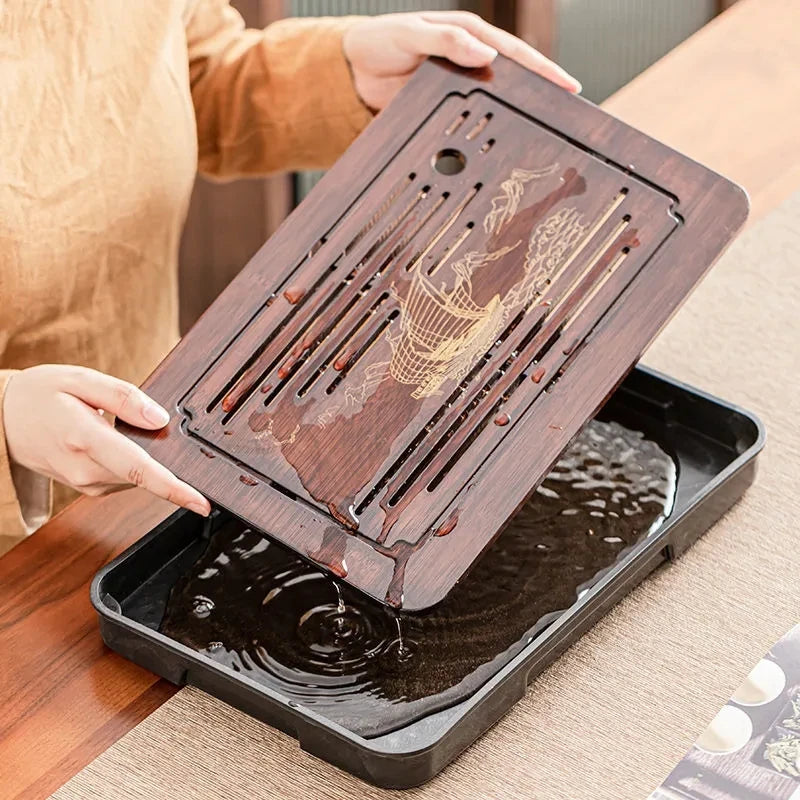 Bamboo Kungfu Tea Tray New Household Simple Water Storage Japanese Rectangular Modern Tea Table Dry wet amphibious Tray Tea Gift