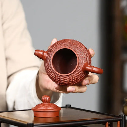 Bamboo Woven Round Bead Pot, Zisha Teapot, Yixing Handmade Pot, Kung-Fu Teaware, Purple Clay Drinkware for Puer Green