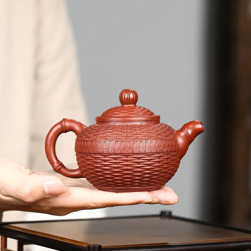 Bamboo Woven Round Bead Pot, Zisha Teapot, Yixing Handmade Pot, Kung-Fu Teaware, Purple Clay Drinkware for Puer Green