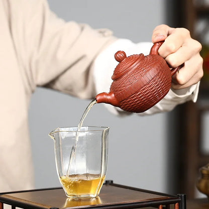 Bamboo Woven Round Bead Pot, Zisha Teapot, Yixing Handmade Pot, Kung-Fu Teaware, Purple Clay Drinkware for Puer Green