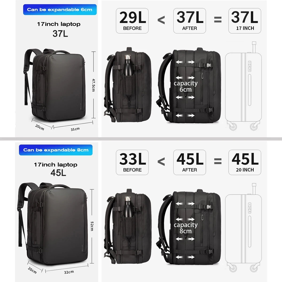 Bange Backpack Men 37L45L Business Aesthetic Backpack School Bag Large 17.3 Laptop Backpacks Waterproof Fashion Backpack Male