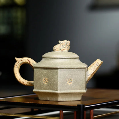 Bean Green Clay 6-Party Auspicious Pot Zisha Teapot Yixing Handmade Pot, Kung-Fu Teaware Purple Clay Drinkware for Puer Green