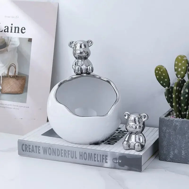 Bear Tray Figurines Creative Piggy Bank Living Room Bedroom Key Storage Decor Ornament Candy Container Animal Statues Decoration