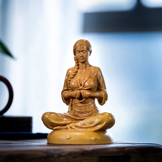 Beauty Boxwood Wood Carving Meditation Girl Wood Statue Home Decorations Chinese Folk Traditional Crafts Boxwood Statue