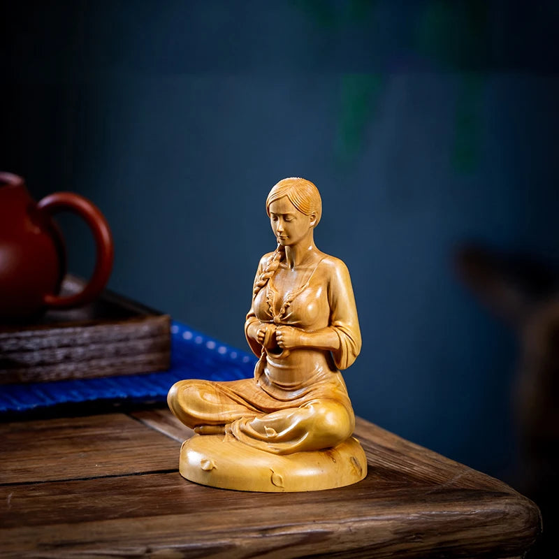 Beauty Boxwood Wood Carving Meditation Girl Wood Statue Home Decorations Chinese Folk Traditional Crafts Boxwood Statue