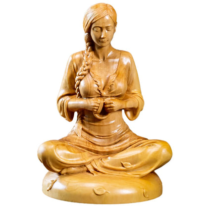 Beauty Boxwood Wood Carving Meditation Girl Wood Statue Home Decorations Chinese Folk Traditional Crafts Boxwood Statue