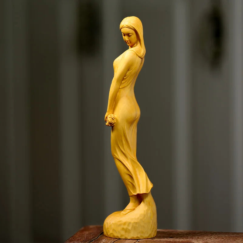 Beauty Girl Statue Decoration Wild Chrysanthemum Wood Carving Solid Wood Character Decoration Carving Crafts Creative