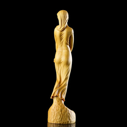 Beauty Girl Statue Decoration Wild Chrysanthemum Wood Carving Solid Wood Character Decoration Carving Crafts Creative