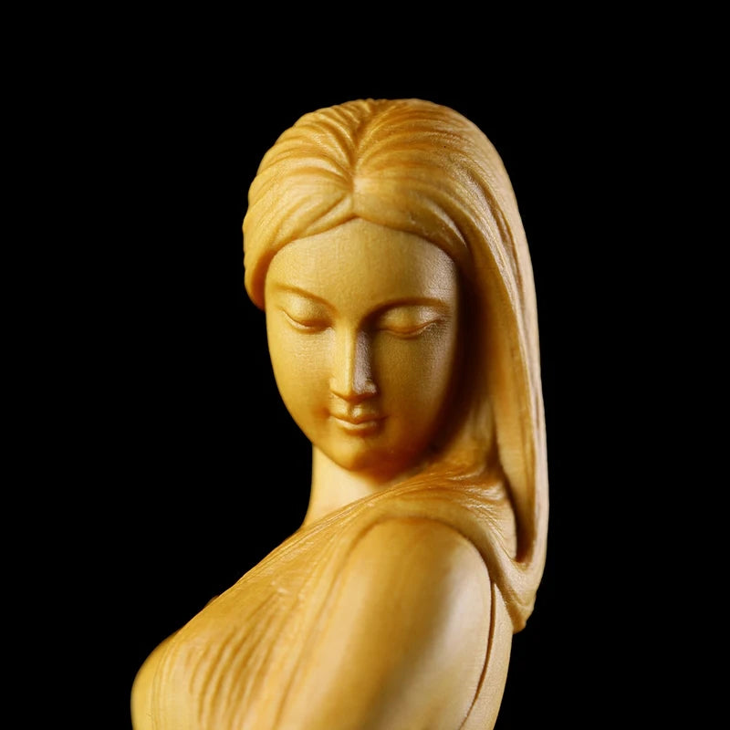 Beauty Girl Statue Decoration Wild Chrysanthemum Wood Carving Solid Wood Character Decoration Carving Crafts Creative