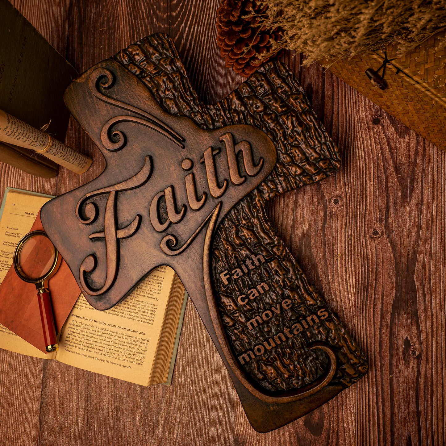 Beech solid wood carved faith wood cross decoration, spiritual wall sign, christian tabletop sign, inspirational minimalism