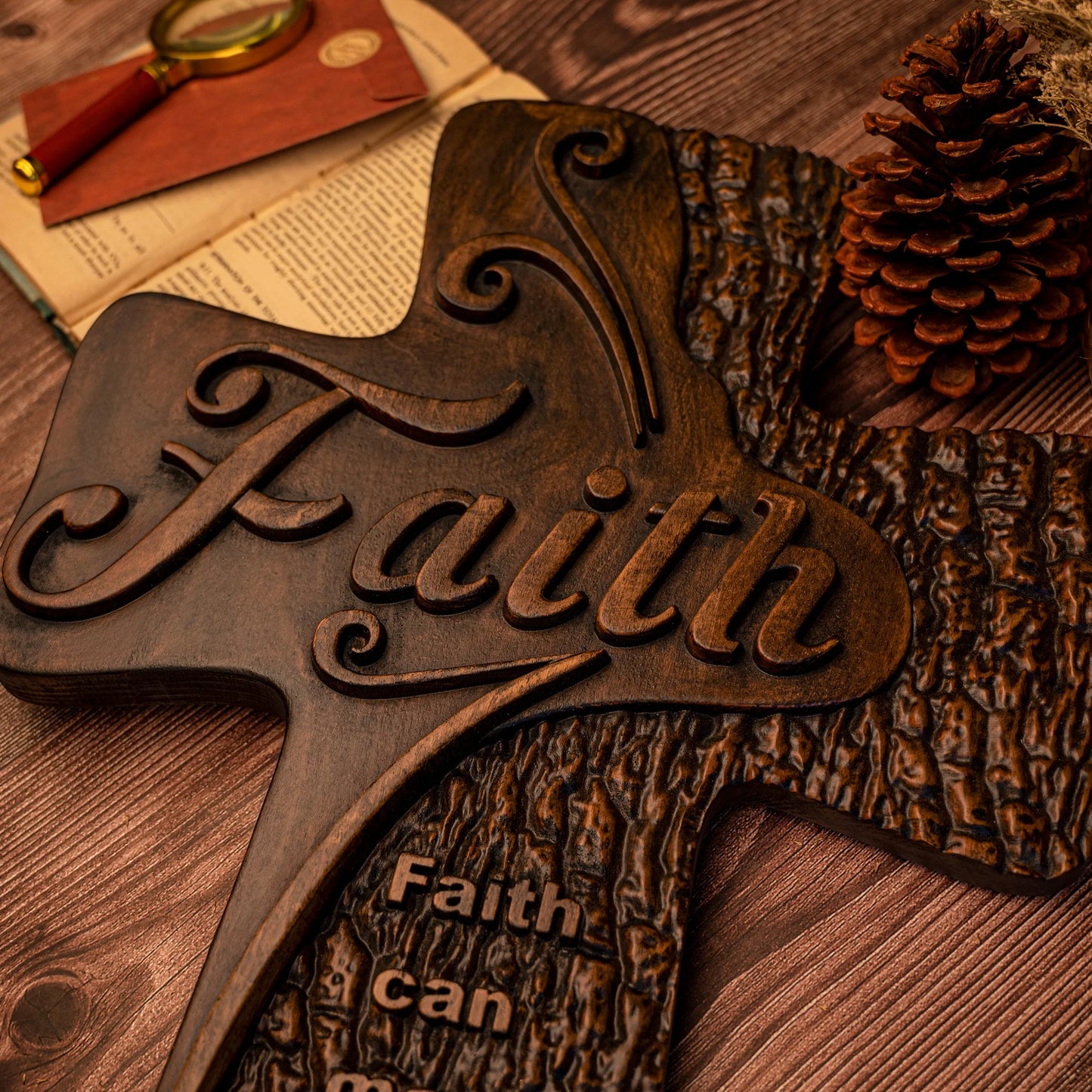 Beech solid wood carved faith wood cross decoration, spiritual wall sign, christian tabletop sign, inspirational minimalism