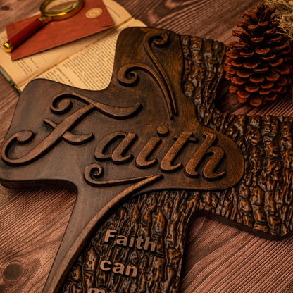 Beech solid wood carved faith wood cross decoration, spiritual wall sign, christian tabletop sign, inspirational minimalism