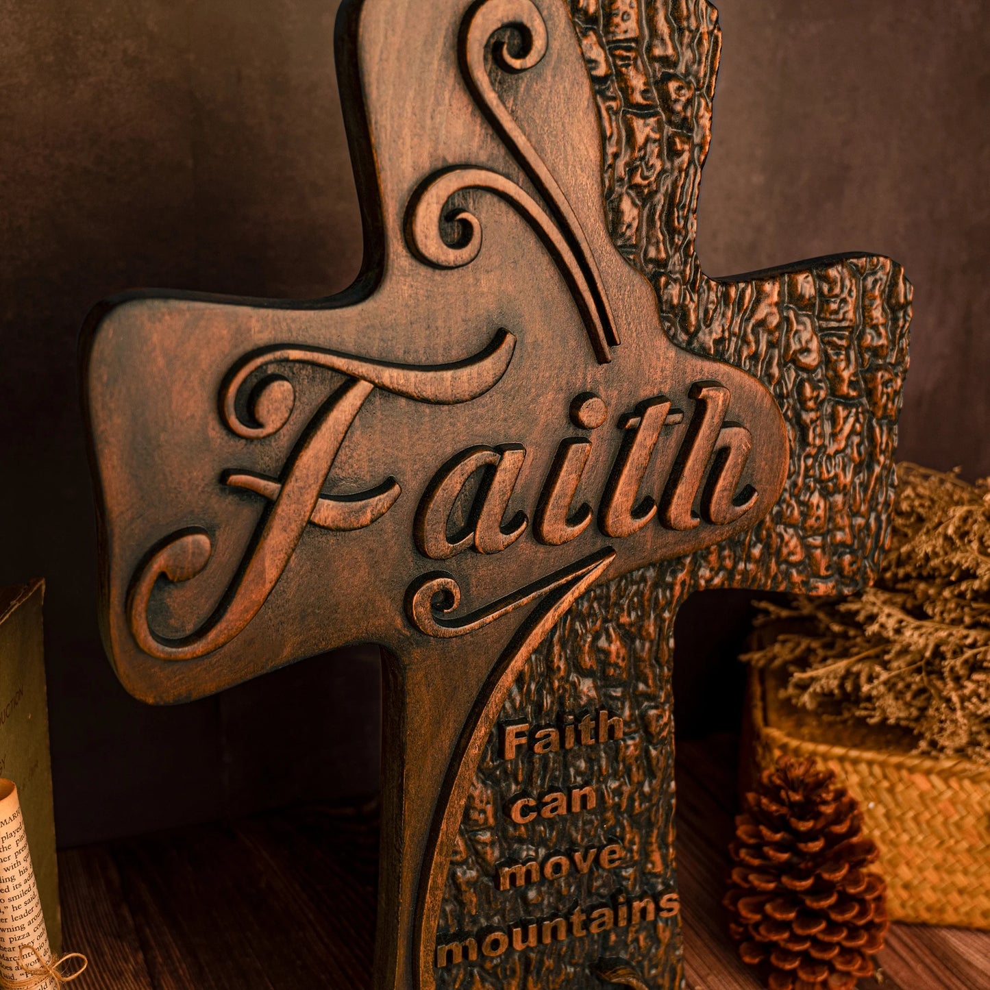 Beech solid wood carved faith wood cross decoration, spiritual wall sign, christian tabletop sign, inspirational minimalism