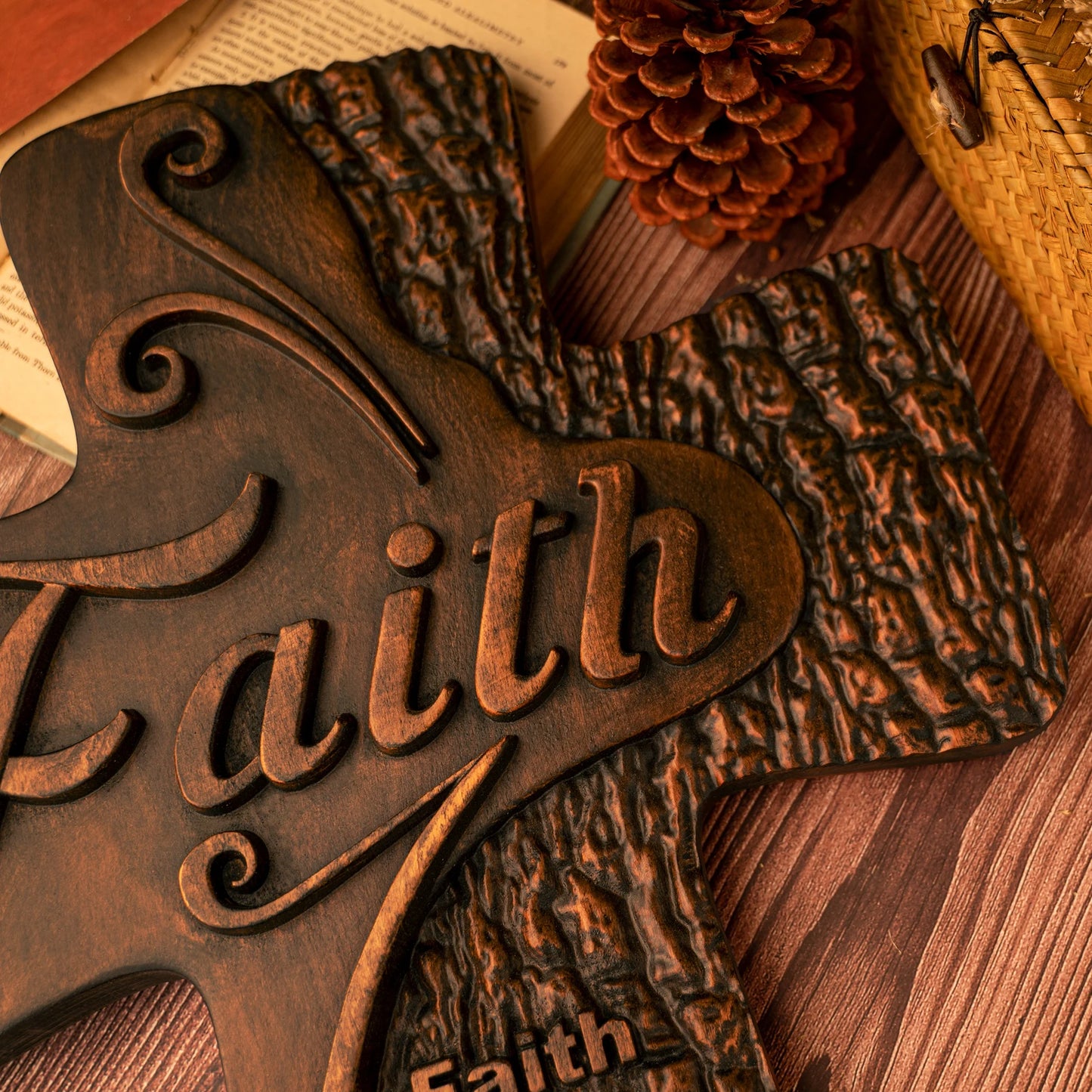 Beech solid wood carved faith wood cross decoration, spiritual wall sign, christian tabletop sign, inspirational minimalism