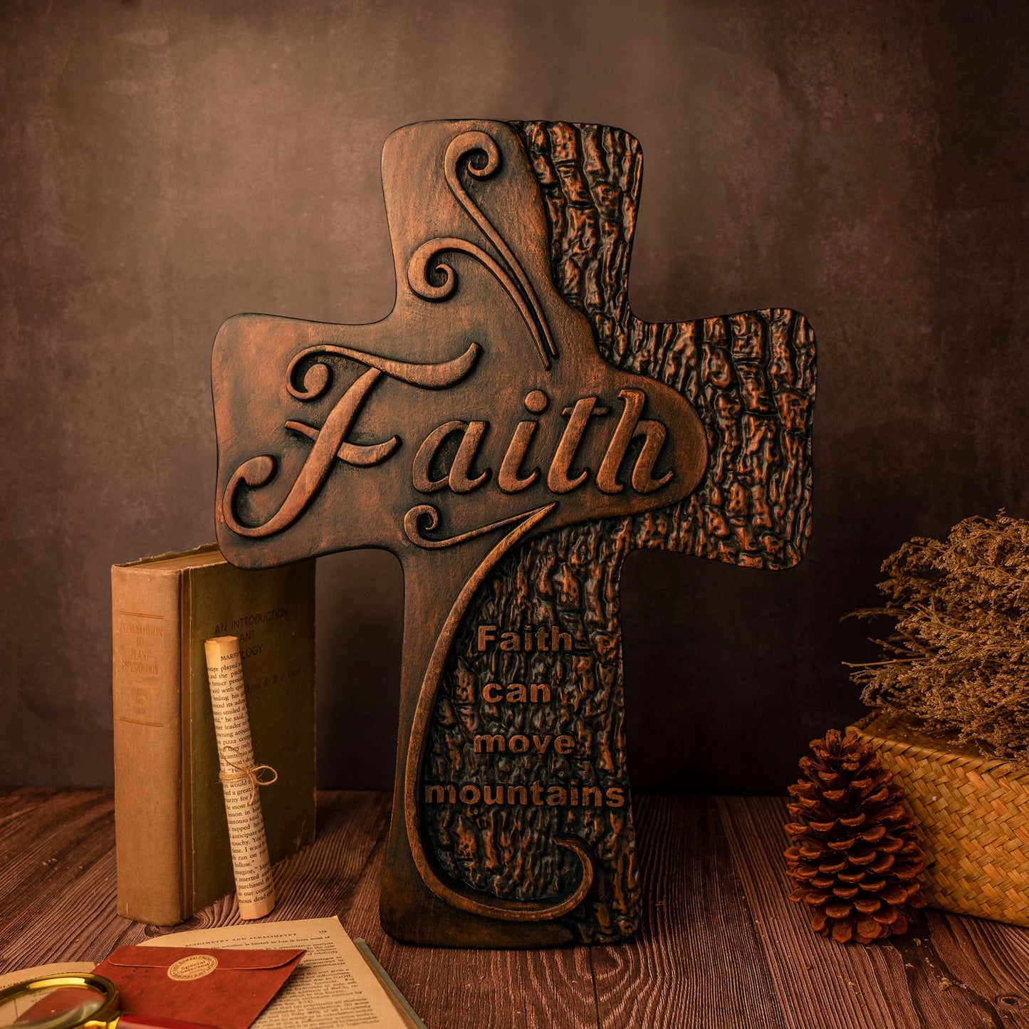Beech solid wood carved faith wood cross decoration, spiritual wall sign, christian tabletop sign, inspirational minimalism