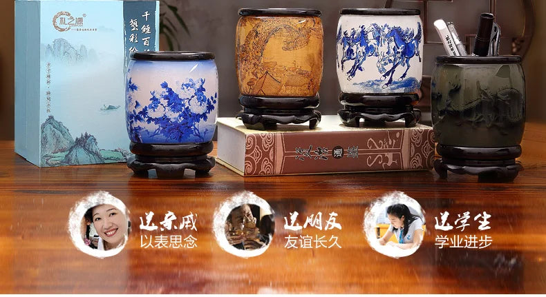 Best business present # Home OFFICE Decor art -high grade 3D CHINA Riverside Scene at Qingming Festival pen holder art  statue