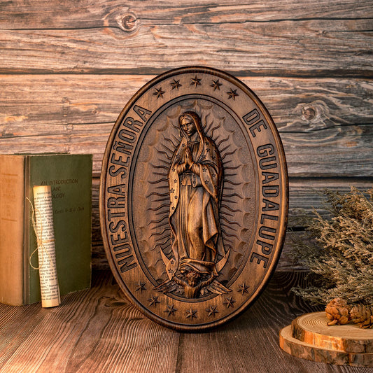 Biblical Virgin Mary of Guadalupe Statue Oval Wood Carving Home Wall Decoration Catholic Religious Figures Christian Gifts
