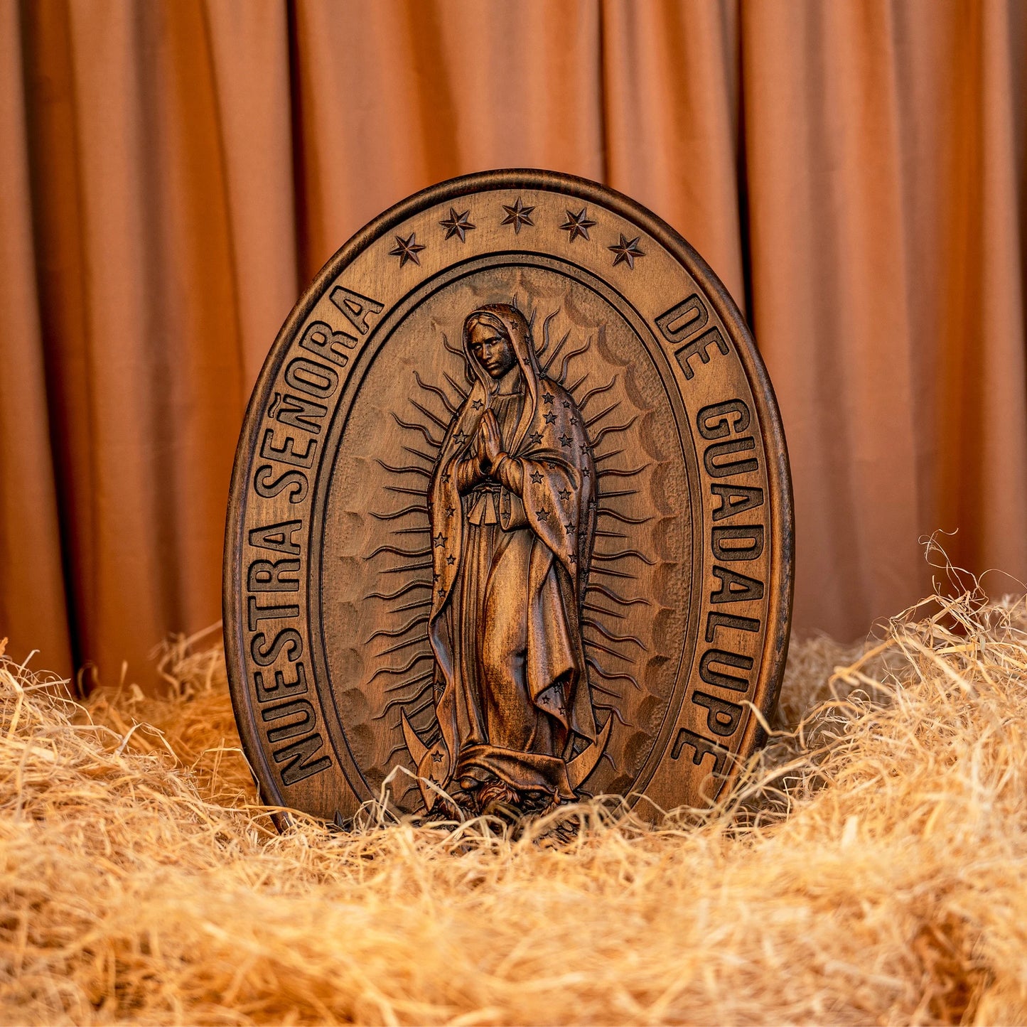 Biblical Virgin Mary of Guadalupe Statue Oval Wood Carving Home Wall Decoration Catholic Religious Figures Christian Gifts