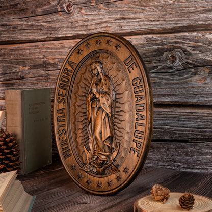 Biblical Virgin Mary of Guadalupe Statue Oval Wood Carving Home Wall Decoration Catholic Religious Figures Christian Gifts