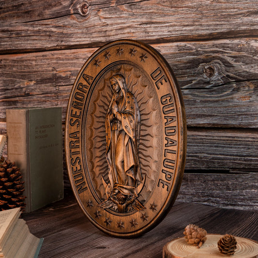 Biblical Virgin Mary of Guadalupe Statue Oval Wood Carving Home Wall Decoration Catholic Religious Figures Christian Gifts
