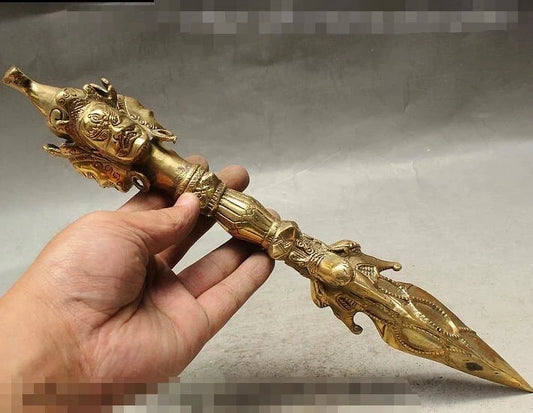 Big 14" 35cm Tibetan Buddhism 3 Mahakala Buddha Head Phurba Dagger Holder Brass Statue