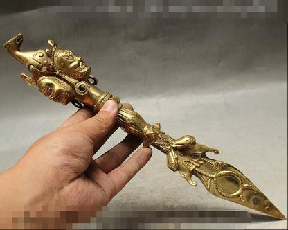 Big 14" 35cm Tibetan Buddhism 3 Mahakala Buddha Head Phurba Dagger Holder Brass Statue