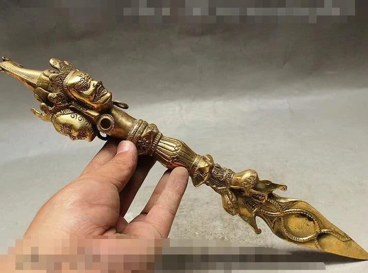 Big 14" 35cm Tibetan Buddhism 3 Mahakala Buddha Head Phurba Dagger Holder Brass Statue