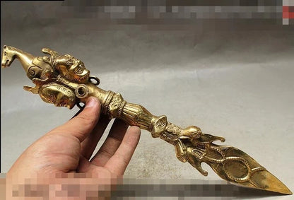Big 14" 35cm Tibetan Buddhism 3 Mahakala Buddha Head Phurba Dagger Holder Brass Statue