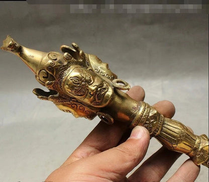 Big 14" 35cm Tibetan Buddhism 3 Mahakala Buddha Head Phurba Dagger Holder Brass Statue