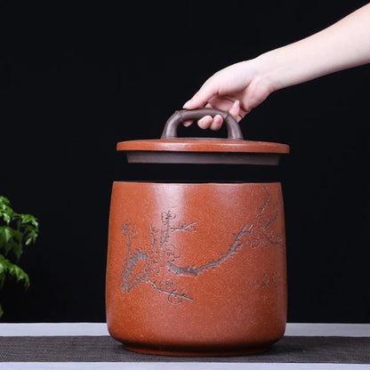 Big Tea Canister For Pu'er Tea Cake Sealed Jar with Lid Hand Carved Bamboo Wintersweet Pinetree Storage For loose tea Large New