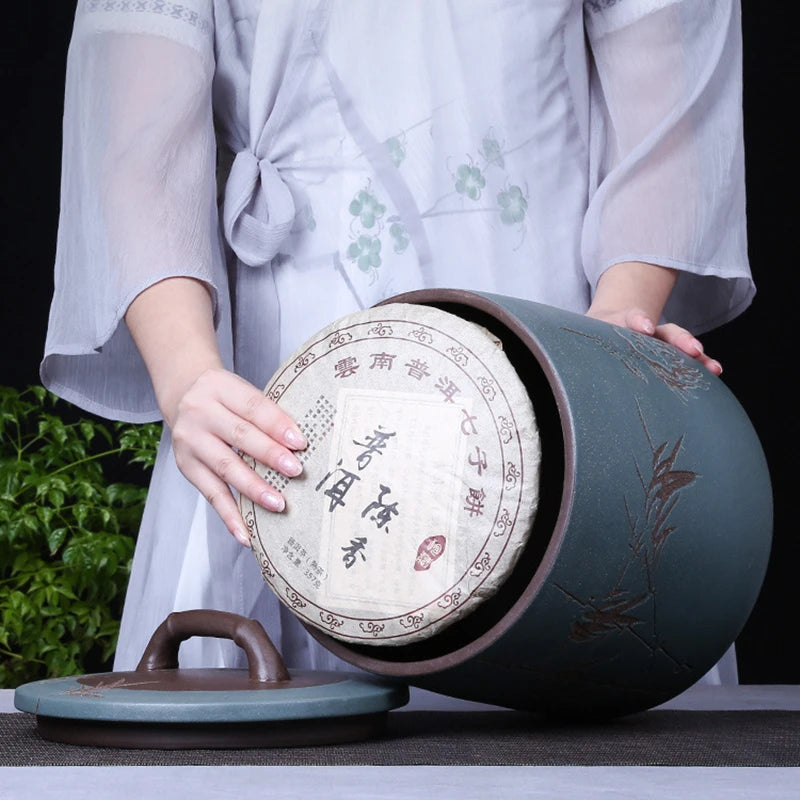 Big Tea Canister For Pu'er Tea Cake Sealed Jar with Lid Hand Carved Bamboo Wintersweet Pinetree Storage For loose tea Large New